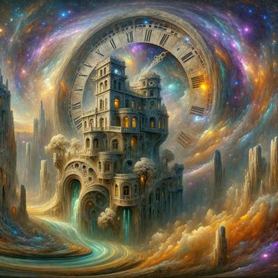 The primary subject of the image is a large, intricately designed clock tower. The setting is a fantasy world with a castle-like structure, and the visual style is a combination of digital art and illustration. The colors and mood of the image are vibrant and lively, with a focus on the clock tower and its surrounding environment.